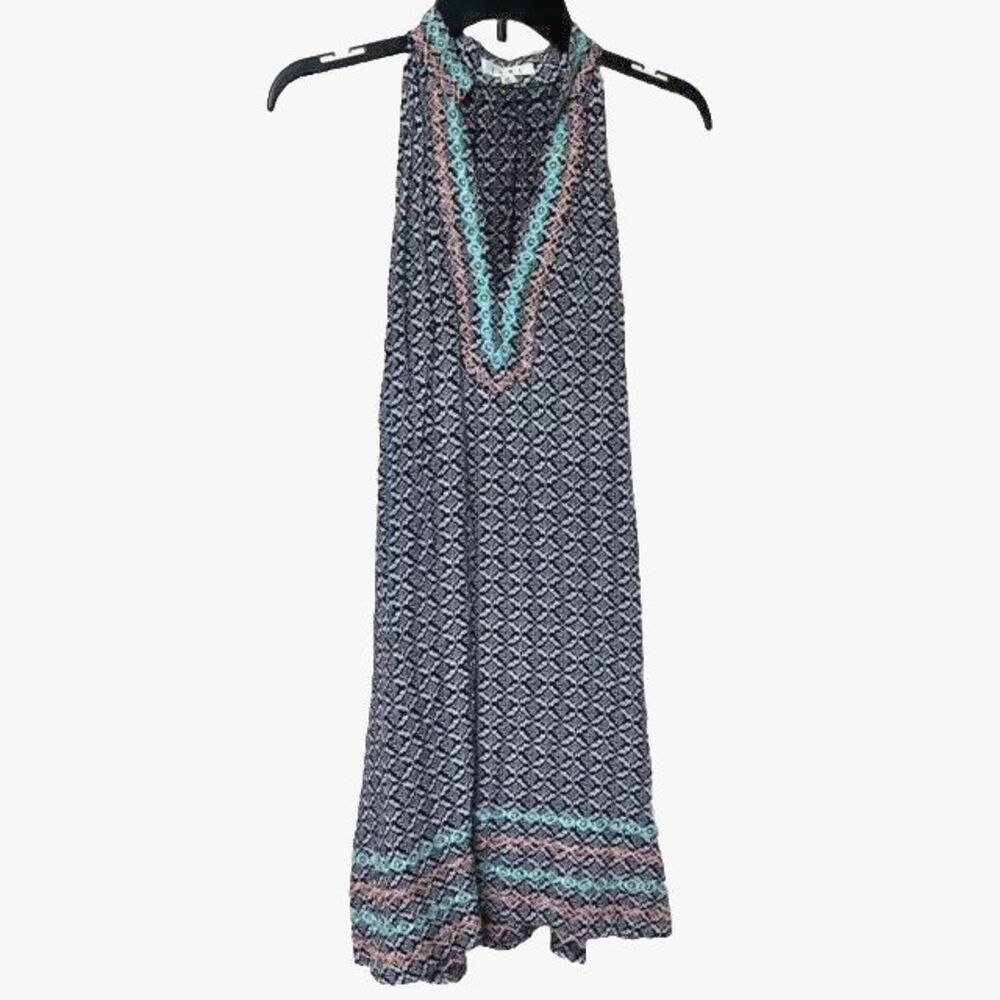 THML Dress Large Petite Sleeveless Midi V Neck Boho Embroidered Summer Aztec